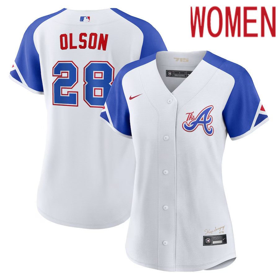 Women Atlanta Braves 28 Matt Olson Nike White 2023 City Connect Replica Player MLB Jersey